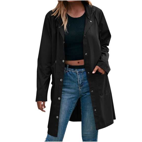 Lightweight Hooded Waterproof Jackets for Women Causal Drawstring Button Down Coat with Pockets Outdoor Solid Color Keen-lengthlength Windbreaker Jacket