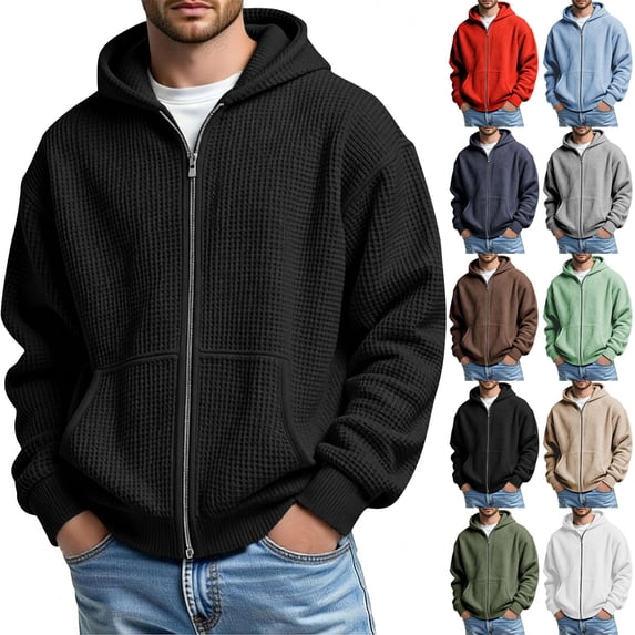Lightweight Hoodies Jacket for Men Solid Color Long Sleeve Waffle Weave Fall Sweatshirt with Pocket Soft and Comfortable for Outings&Walks