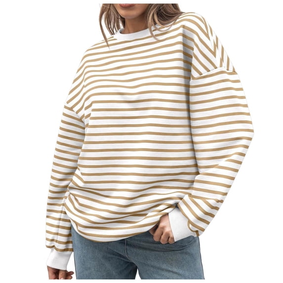 Lightweight Hoodies for Women Winter Soft Crew Neck Long Sleeve Batwing Drop Shoulder with Pocket Striped Pullover Cotton Sweatshirts Pullover(Khaki,M)