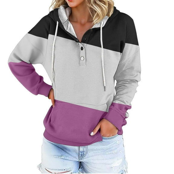 Lightweight Hoodies for Women Oversized Winter Cute Color Block Sweatshirts Pullover 2025 Fashion Tops Trendy Fall Winter Clothes (Purple,Medium)