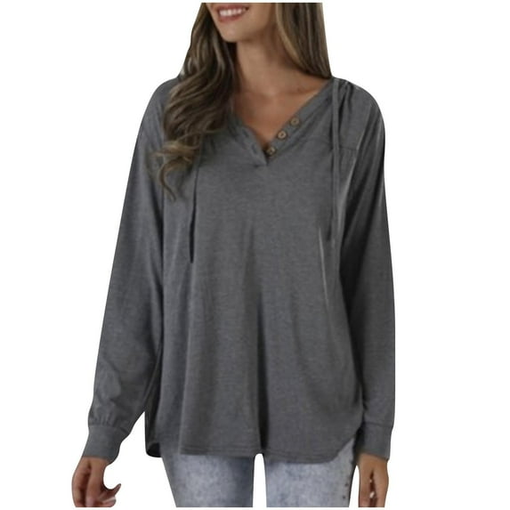 Lightweight Hoodies for Women Trendy Drawstring Buttons Hooded Pullover Sweatshirts Loose Casual Fall Tops (M, Gray)