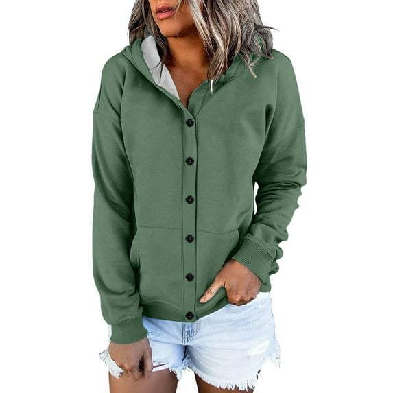 Lightweight Hoodies for Women, Yigetop Women's Long Sleeved Loose Casual Button Pocket Cardigan Hoodie Sweatshirt Jacket Blackish Green M