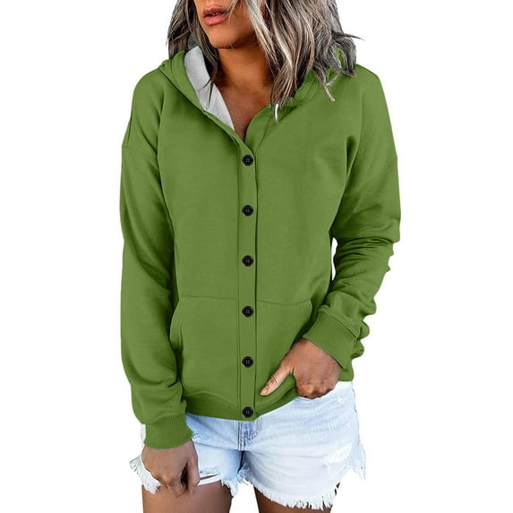 Lightweight Hoodies for Women, Yigetop Women's Long Sleeved Loose Casual Button Pocket Cardigan Hoodie Sweatshirt Jacket Green L