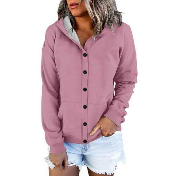 Lightweight Hoodies for Women, Yigetop Women's Long Sleeved Loose Casual Button Pocket Cardigan Hoodie Sweatshirt Jacket Light Pink L