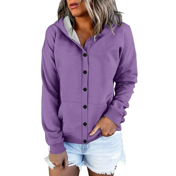 Lightweight Hoodies for Women, Yigetop Women's Long Sleeved Loose Casual Button Pocket Cardigan Hoodie Sweatshirt Jacket Purple XL