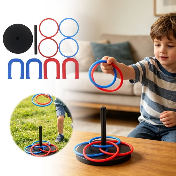 Lightweight Indoor Outdoor Ring Toss Game Set with 4 Rings and 4 Posts for Family Leisure and Party Fun Blue
