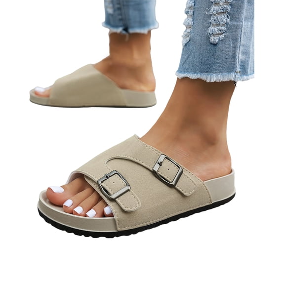 Lightweight Indoor/Outdoor Slippers, Adjustable Double Strap With Arch Support | Memory Foam Footbed & Non-Slip Sole | Lightweight Suede-Look for Beach, Outdoor, Party, Beige 5.5