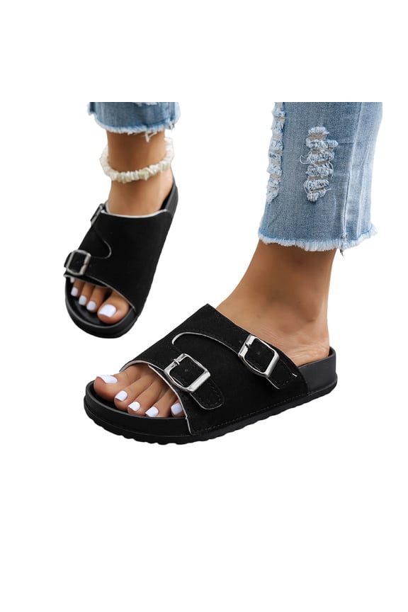 Lightweight Indoor/Outdoor Slippers, Adjustable Double Strap With Arch Support | Memory Foam Footbed & Non-Slip Sole | Lightweight Suede-Look for Beach, Outdoor, Party, Black 7
