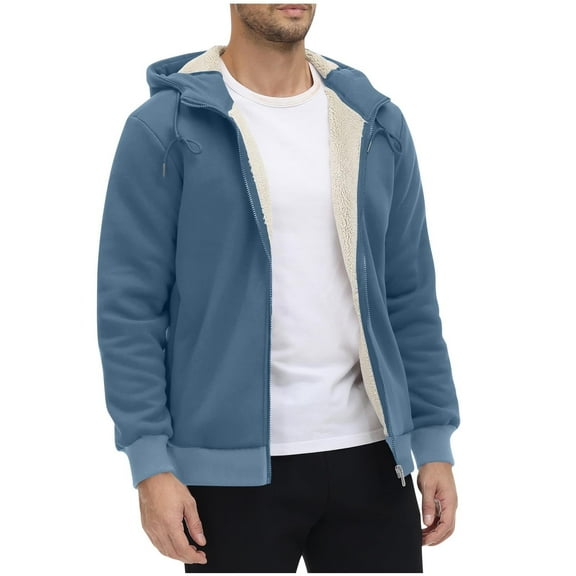 Lightweight Jacket Men Athletic New Men's Fleece Jacket Oversized Zip Front Hooded Coat Warm Lined Winter Outerwear with Pockets Casual Workwear Navy L
