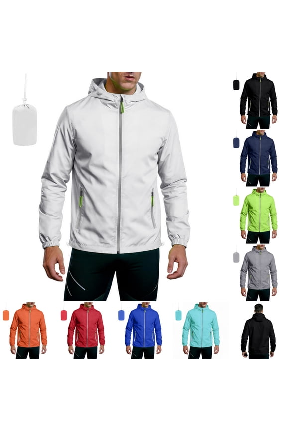 Lightweight Jacket for Men UPF 50+ Waterproof Windbreaker Zip Up Hoodie Packable Softshell Travel Outdoor Hiking Jacket with Reflective Zipper Pockets White XL