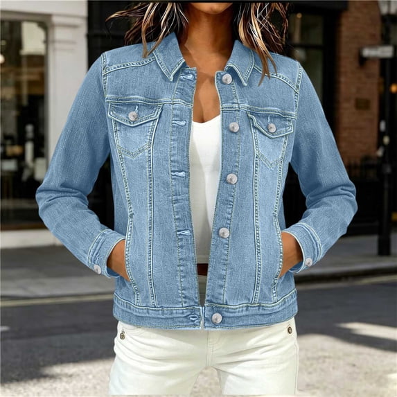 Lightweight Jacket Women Baeitkot Women's Solid Color Long Sleeve Denim Jacket with Collar Button Front and Multi-Pockets Casual Trucker Coat