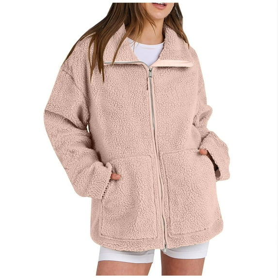 Lightweight Jacket Women, Fleece Long Sleeve Zip Up Sherpa Coats with Two Pocket 2025 Machine Washable Wrinkle Free Adjustable Hood Transitional Holiday Travel Weekend Casual Pink M