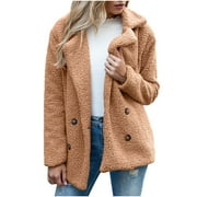 CLESALE Lightweight Jacket Women Ladies Warm Jacket Winter Solid Turn Coat Down Collar Lambswoo Outerwear Brown L