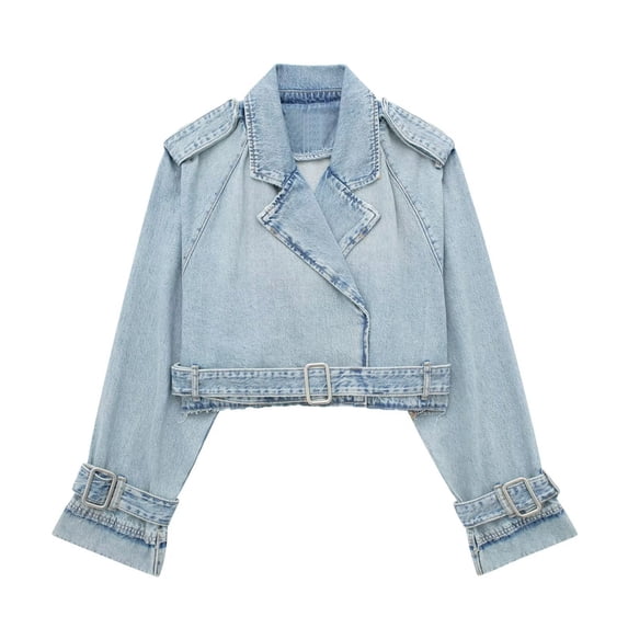 Lightweight Jacket Women New Women's Casual Lapel Short Denim Trench Jacket Cropped Long Sleeve Jean Coat Fall Trendy Outerwear with Belt Light Blue L