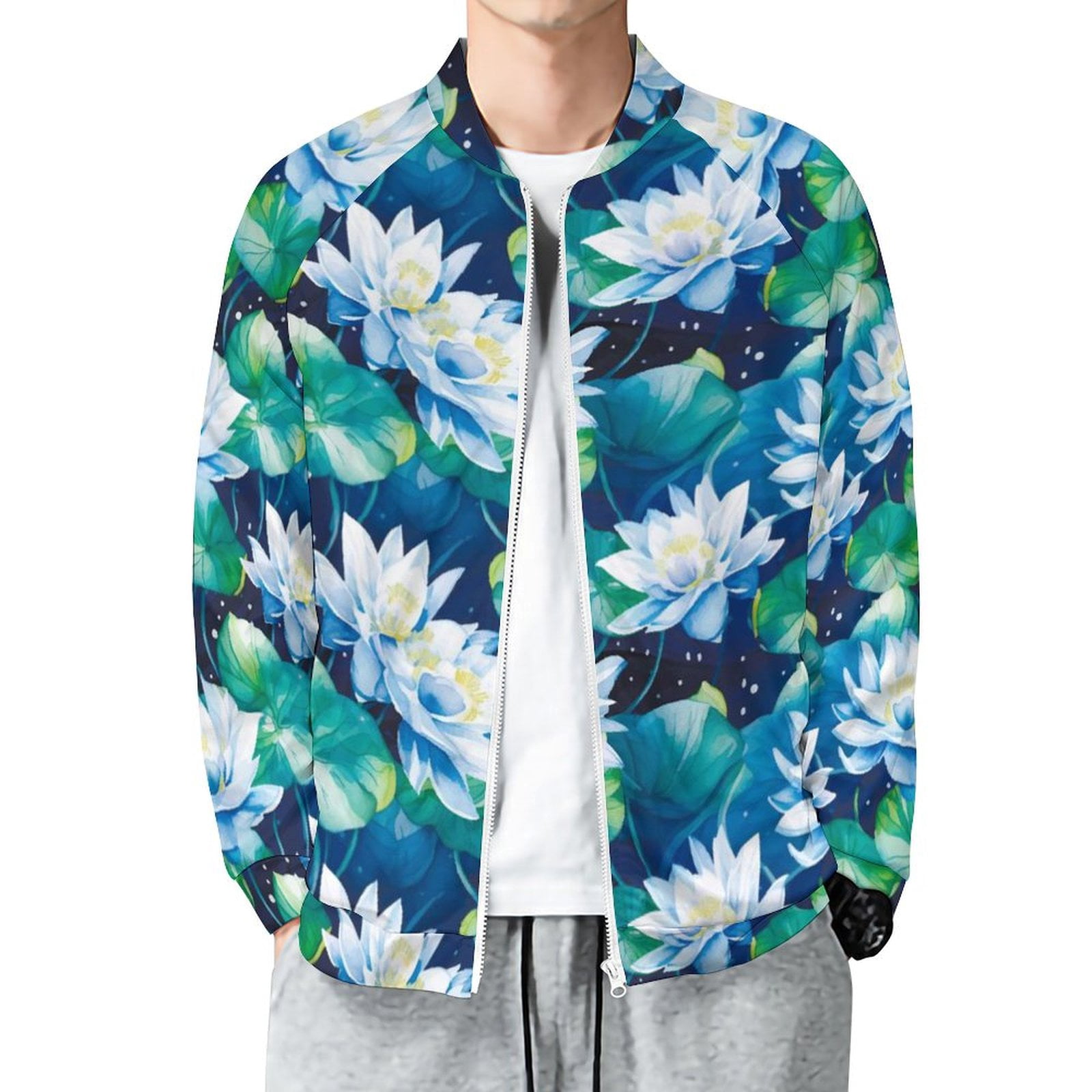 Lightweight Jacket for Men Blue Lotus Flower Casual Zip Up Bomber ...
