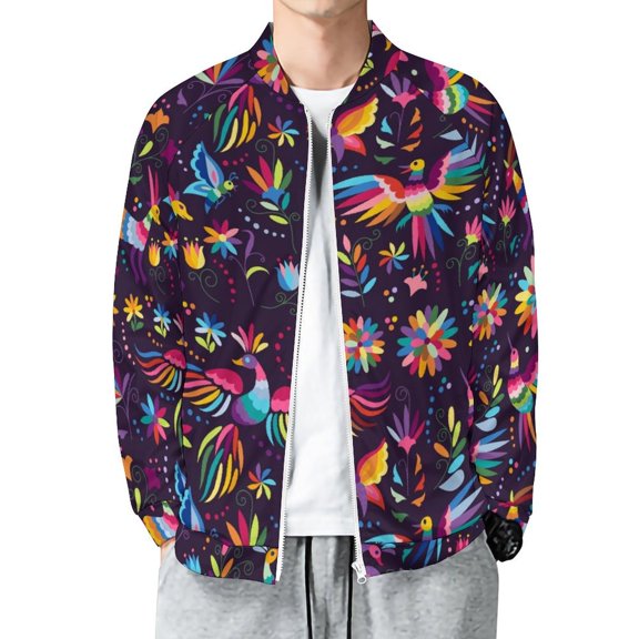 Lightweight Jacket for Men - Mexican Flowers Birds Casual Fashion Zip Up Bomber Jacket Men Spring Fall Windbreaker Coat with Pocket