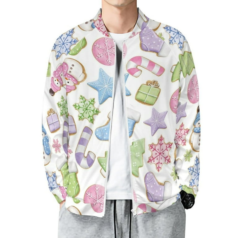 Lightweight Jacket for Men Pastel Christmas Cookies Zip Up Bomber Jacket Men Casual Spring Fall Windbreaker Coat with Pocket
