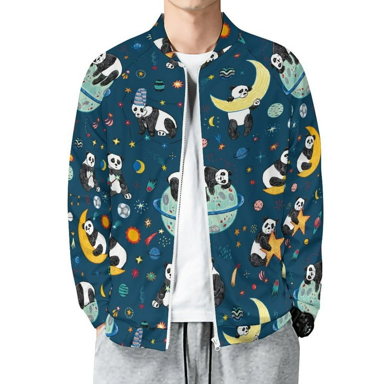 Lightweight Jacket for Men Space Sleeping Panda Casual Zip Up Bomber Jacket with Pocket Spring Fall Windbreaker Coat