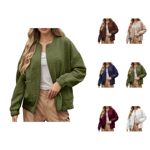 Lightweight Jacket for Women Long Sleeve Loose Casual Floral Jacquard Texture Zip Up Jackets with Pockets Fall Outerwear
