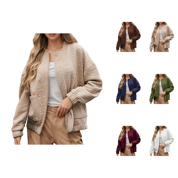 Lightweight Jacket for Women Long Sleeve Loose Casual Floral Jacquard Texture Zip Up Jackets with Pockets Fall Outerwear