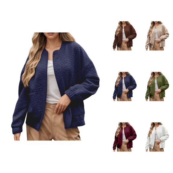 Lightweight Jacket for Women Long Sleeve Loose Casual Floral Jacquard Texture Zip Up Jackets with Pockets Fall Outerwear