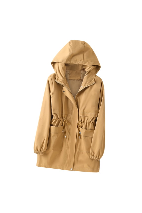 Lightweight Jacket for Women Mid-Length Hooded Trench Coat Full Zip Drawstring Girdling Windbreaker Fall Winter Overcoats