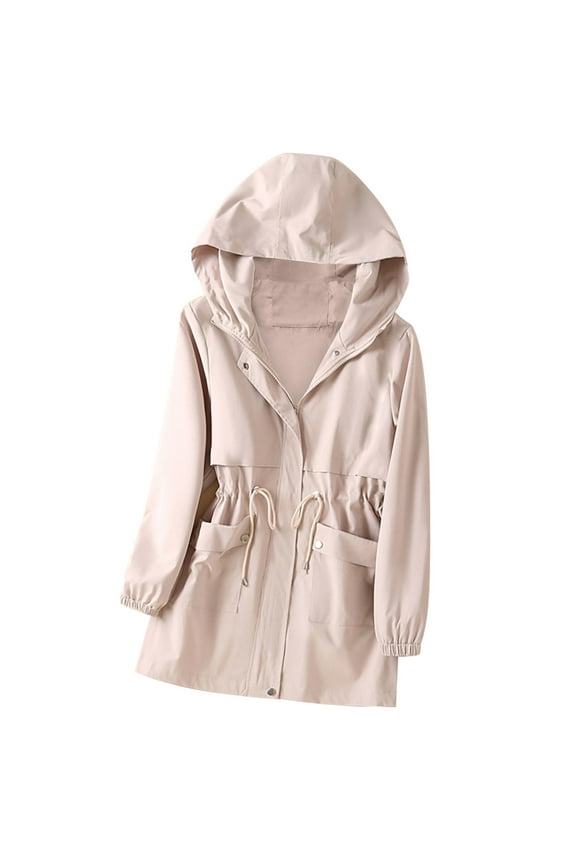 Lightweight Jacket for Women Mid-Length Hooded Trench Coat Full Zip Drawstring Girdling Windbreaker Fall Winter Overcoats