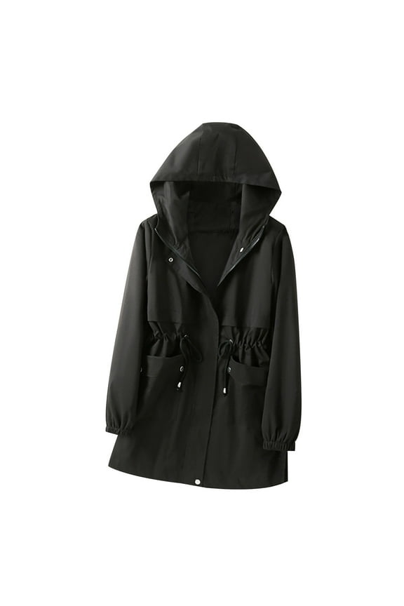 Lightweight Jacket for Women Mid-Length Hooded Trench Coat Full Zip Drawstring Girdling Windbreaker Fall Winter Overcoats
