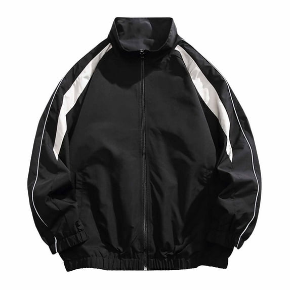 Lightweight Jackets for Men Fashion Colorblock Full Zip Jacket Stand Collar Long Sleeve Softshell Outerwear Coat (M, Black)