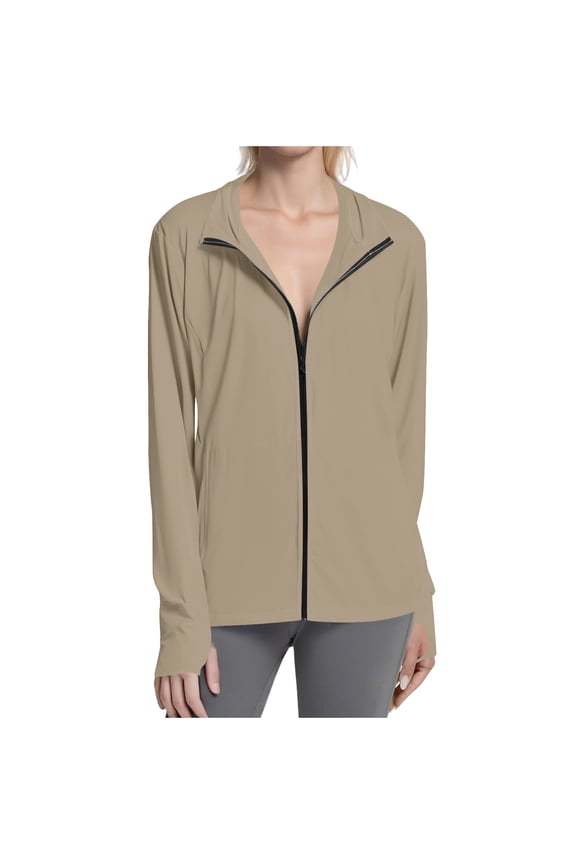 Lightweight Jackets for Women 2026 Quick Dry UV Protection Long Sleeve Full Zip Thumb Holes Hooded Coats Khaki,S