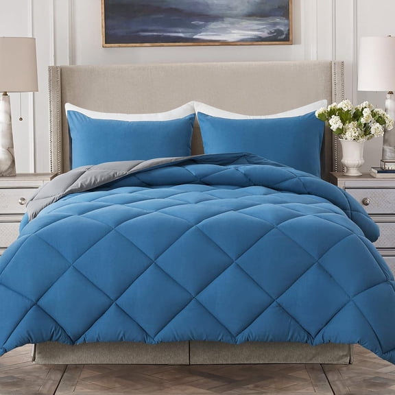 Lightweight King Comforter Set with 2 Pillow Sham - 3 Pieces Set - Quilted Down Alternative Comforter/Duvet Insert for All Season - Grayish Blue/Grey - King Size