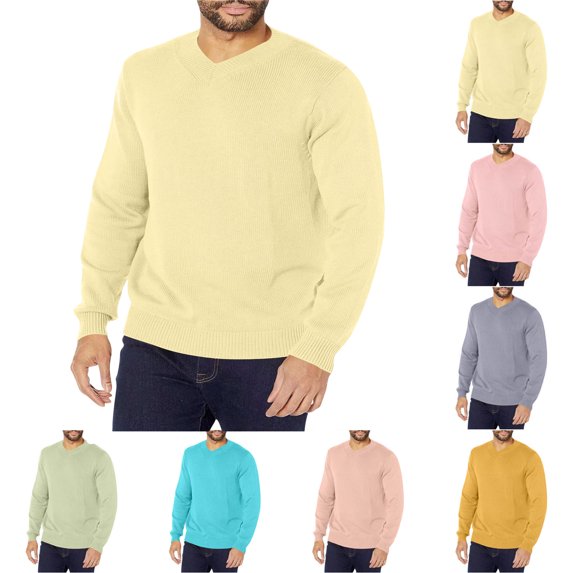 Lightweight Knitted Pullover Sweaters Men's Winter Casual Fashion Solid Color Long Sleeved V- Neck Sweater Yellow Xxl