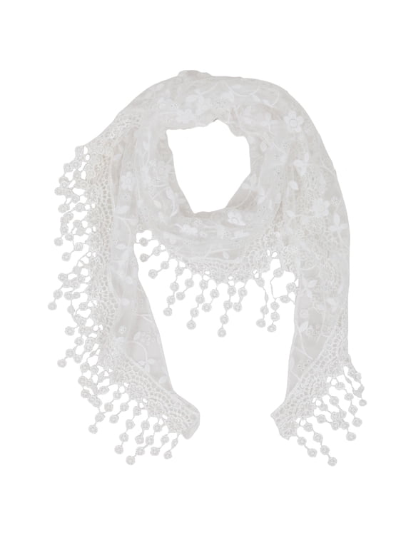 Lightweight Lace Floral Head Scarf Fringe Triangular Shawl Scarf Wrap Bandana for Women- One Size Fits Most, White