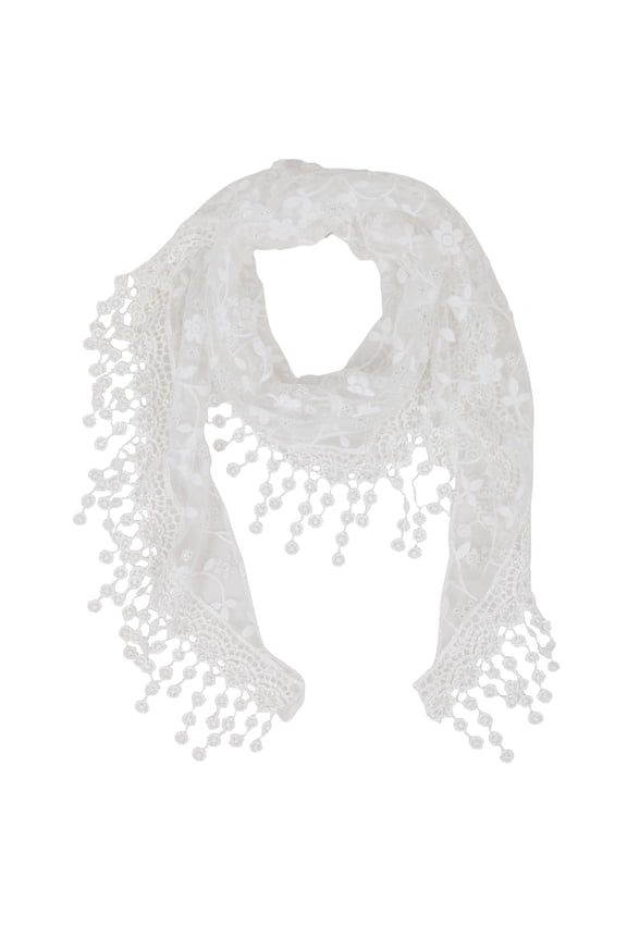Lightweight Lace Floral Head Scarf Fringe Triangular Shawl Scarf Wrap Bandana for Women- One Size Fits Most, White