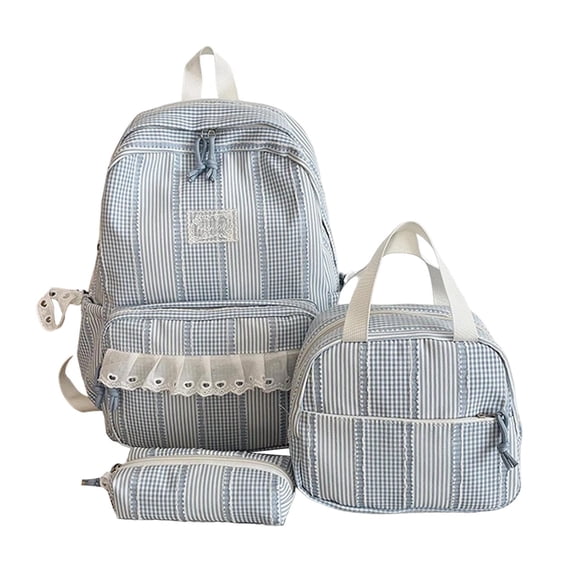Lightweight Large Capacity 3-Piece Backpack Set with Lunch Bag & Pencil Pouch, Striped Lace Design Rucksack for School Travel Daily Outdoor Use