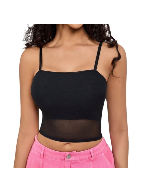 Lightweight Layered Sleeveless Vest Stretchy Nylon Camisole Sheer Mesh Trim Top Daily Outfits