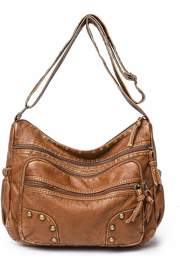 Lightweight Leather Multi-Pocket Shoulder Bag for Women - Retro Sling Medium Travel Purses