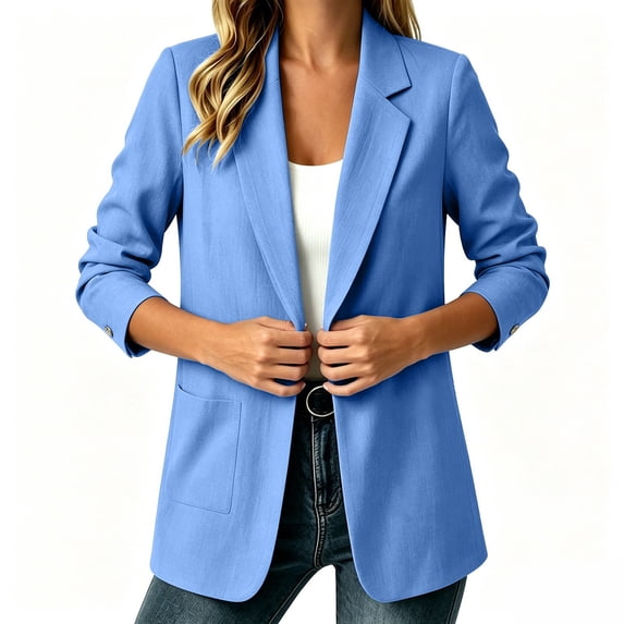 Lightweight Linen Blazer for Women Summer Fall Casual Shawl Collar Blazers Long Sleeve Office Work Jackets Blue XL