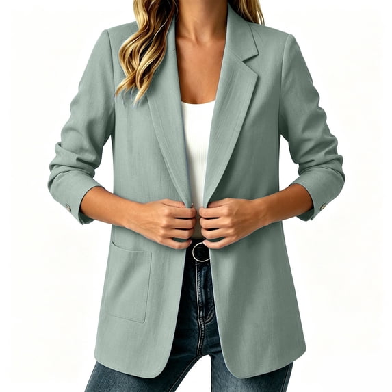 Lightweight Linen Blazer for Women Summer Fall Casual Shawl Collar Blazers Long Sleeve Office Work Jackets Gray M