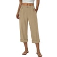 thumbnail image 1 of Lightweight Linen Capris Pants Womens High Waist Button Ladies Casual Cropped Trousers with Side Pockets Khaki XL, 1 of 5