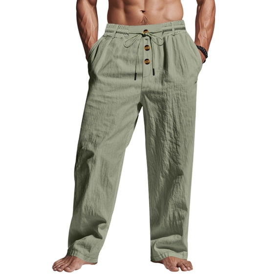Lightweight Linen Jogger Pants for Men Elastic Waist Drawstring Straight-Legs Pants with Pockets Cotton Linen Cotton Trousers Summer Beach Vacation Yoga Casual Pant,Green L