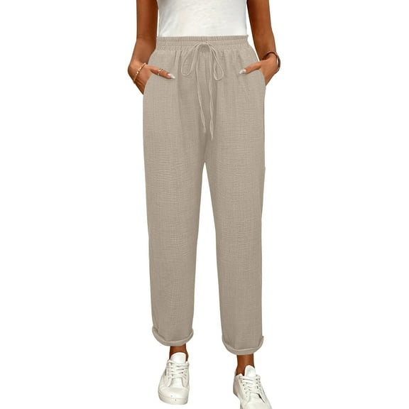 Lightweight Linen Pants Women Drawstring Ankle Length Elastic Waist High Waisted Gauze Pants Straight Leg Boho Yoga Cropped Pants Khaki XL