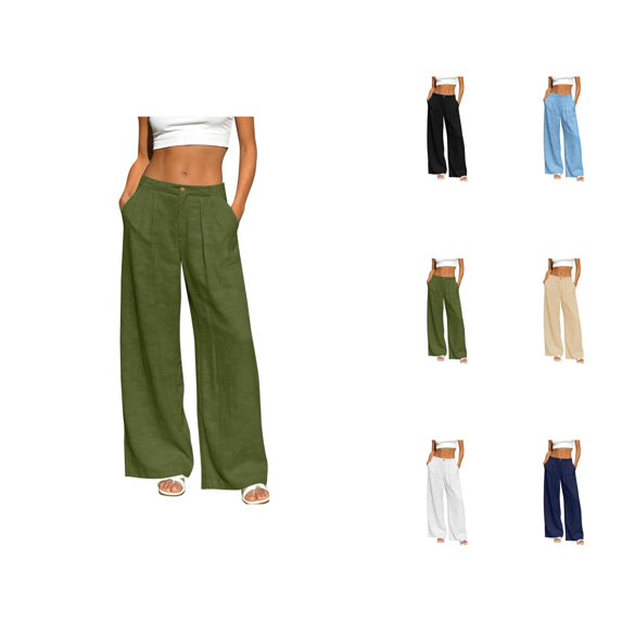 Lightweight Linen Pants Women Summer High Waist Loose Casual Wide Straight Leg Beach Pants Slacks Work Trousers with Pockets
