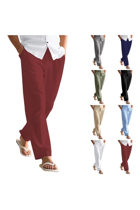 Lightweight Linen Pants for Men Relaxed Fit Summer Beach Trousers Casual Lounge Bottoms Travel Slacks with Deep Pockets, Wine M