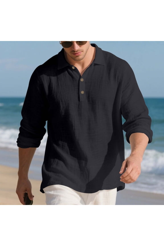 Lightweight Linen Shirts for Men Spring Summer Business Casual Gauze Top Breathable Button V-Neck Pullovers