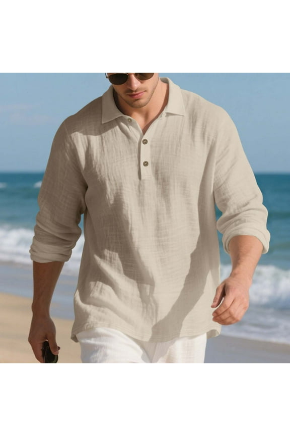 Lightweight Linen Shirts for Men Spring Summer Business Casual Gauze Top Breathable Button V-Neck Pullovers