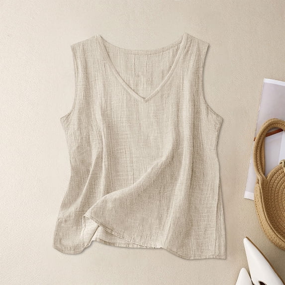 Lightweight Linen Tank Tops Womens Sleeveless V Neck Loose Comfy Basic Blouse for Summer Beach Beige XXL