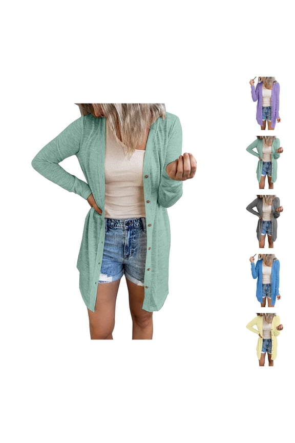 Lightweight Long Cardigans for Women 2025 Long Sleeve Button Open Front Plain Loose Cardigan Coat Outerwear