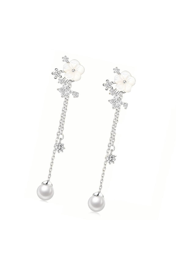 Lightweight Long Chain Dangle Earrings Simulated Pearls Floral Design Gold or Silver Plated For Bride Formal Event