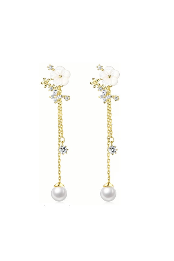 Elegant Simulated Pearls Flower Dangle Earrings Long Gold or Silver Plated Chain Jewelry For Bride Special Occasions